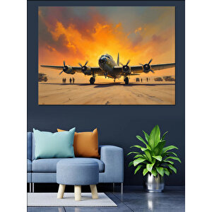 Uçak Pistte Çizimi Dekoratif Kanvas - Mdf Ahşap Tablo 100x140 cm