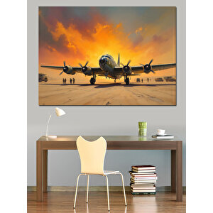 Uçak Pistte Çizimi Dekoratif Kanvas - Mdf Ahşap Tablo 100x140 cm