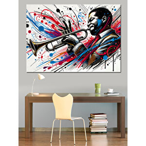 Renkli Trompetli Cazcı Dekoratif Kanvas - Mdf Ahşap Tablo 35x50 cm