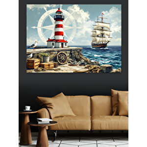 Deniz Feneri Ve Yelkenli Gemi Dekoratif Kanvas - Mdf Ahşap Tablo 70x100 cm