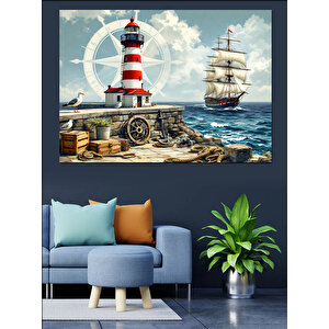 Deniz Feneri Ve Yelkenli Gemi Dekoratif Kanvas - Mdf Ahşap Tablo 70x100 cm