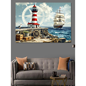 Deniz Feneri Ve Yelkenli Gemi Dekoratif Kanvas - Mdf Ahşap Tablo 70x100 cm