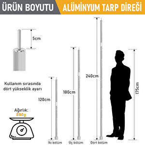 Haegs Ayarlanabilir Tarp Tente Direkleri, 2`li Set, Teleskopik Alüminyum Çadır Gölgelik Branda Direkleri, Kamp Direği Katlanabilir Hafif Karavan Araç Yan Tente Direği  - Gümüş Gümüş