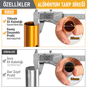 Haegs Ayarlanabilir Tarp Tente Direkleri, 2`li Set, Teleskopik Alüminyum Çadır Gölgelik Branda Direkleri, Kamp Direği Katlanabilir Hafif Karavan Araç Yan Tente Direği  - Gümüş Gümüş
