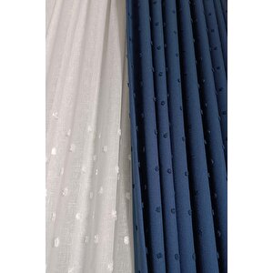 İskandinav Ponponlu Fon Perde İndigo 1x3 Sık Pile 120x245 cm