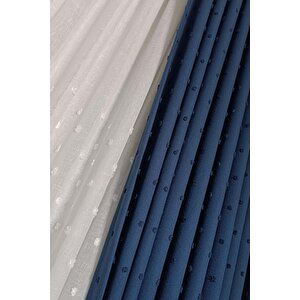 İskandinav Ponponlu Fon Perde İndigo 1x3 Sık Pile 90x260 cm