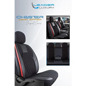Ssanyong Musso 2018-2025 Uyumlu Yarı Deri Oto Koltuk Kılıfı Ön Arka Set Chester Model Siyah Kırmızı