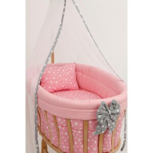 Ds-01 Doğal Ahşap Sepet Beşik ''pembe Yıldız'' Set