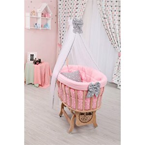 Reyo Ds-01 Doğal Ahşap Sepet Beşik ''pembe Yıldız'' Set