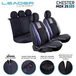 Renault Megane 2 Station Wagon Uyumlu Yarı Deri Oto Koltuk Kılıfı Ön Arka Set Chester Model Siyah Mavi