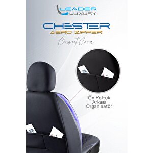Volkswagen Taigo Uyumlu Yarı Deri Oto Koltuk Kılıfı Ön Arka Set Chester Model Siyah Mavi