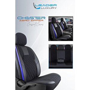 Dacia Duster 2010-2013 Uyumlu Yarı Deri Oto Koltuk Kılıfı Ön Arka Set Chester Model Siyah Mavi