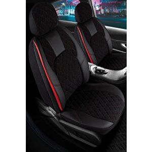 Skoda Favorit Uyumlu Yarı Deri Oto Koltuk Kılıfı Ön Arka Set Chester Model Siyah Kırmızı