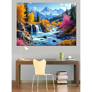 Sonbaharda Dağ Şelale Manzarası Dekoratif Kanvas - Mdf Ahşap Tablo