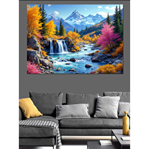Sonbaharda Dağ Şelale Manzarası Dekoratif Kanvas - Mdf Ahşap Tablo