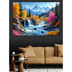 Sonbaharda Dağ Şelale Manzarası Dekoratif Kanvas - Mdf Ahşap Tablo 70x100 cm