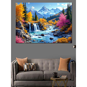 Sonbaharda Dağ Şelale Manzarası Dekoratif Kanvas - Mdf Ahşap Tablo 70x100 cm
