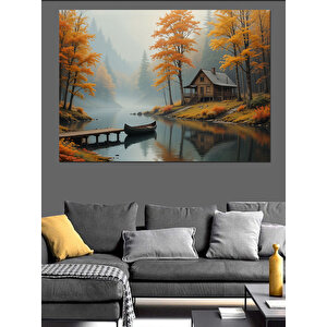 Sonbahar Göl Kıyısı Manzara Dekoratif Kanvas - Mdf Ahşap Tablo 100x140 cm