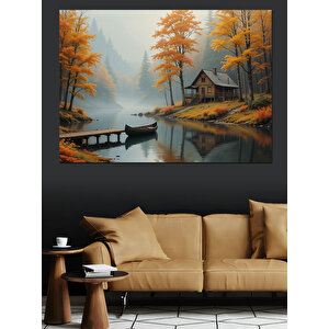 Sonbahar Göl Kıyısı Manzara Dekoratif Kanvas - Mdf Ahşap Tablo 100x140 cm