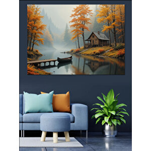 Sonbahar Göl Kıyısı Manzara Dekoratif Kanvas - Mdf Ahşap Tablo 100x140 cm