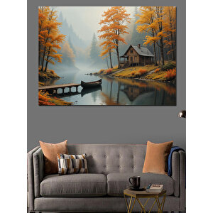 Sonbahar Göl Kıyısı Manzara Dekoratif Kanvas - Mdf Ahşap Tablo