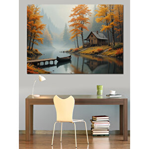 Sonbahar Göl Kıyısı Manzara Dekoratif Kanvas - Mdf Ahşap Tablo