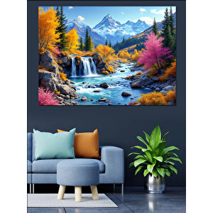 Sonbaharda Dağ Şelale Manzarası Dekoratif Kanvas - Mdf Ahşap Tablo 50x70 cm