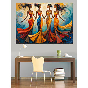 Renkli Kadınlar Dans Ediyor Dekoratif Kanvas - Mdf Ahşap Tablo 100x140 cm