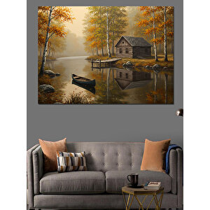 Sonbaharda Göl Evi Manzarası Dekoratif Kanvas - Mdf Ahşap Tablo
