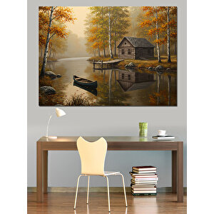 Sonbaharda Göl Evi Manzarası Dekoratif Kanvas - Mdf Ahşap Tablo 100x140 cm