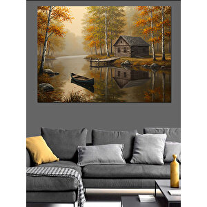 Sonbaharda Göl Evi Manzarası Dekoratif Kanvas - Mdf Ahşap Tablo 100x140 cm