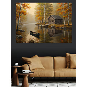 Sonbaharda Göl Evi Manzarası Dekoratif Kanvas - Mdf Ahşap Tablo 100x140 cm