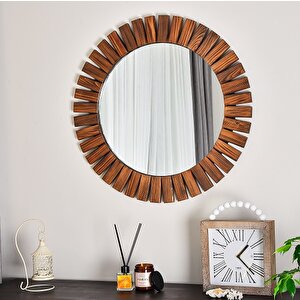 Dfn Wood Flower 60x60 Cm Ahşap Ceviz Rengi Yuvarlak Dekoratif Duvar Salon Konsol Banyo Aynası 60x60 cm