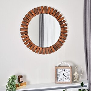 Dfn Wood Flower 60x60 Cm Ahşap Ceviz Rengi Yuvarlak Dekoratif Duvar Salon Konsol Banyo Aynası 60x60 cm