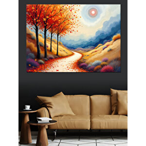 Kırmızı Sarı Sonbahar Yolu Dekoratif Kanvas - Mdf Ahşap Tablo 70x100 cm