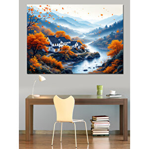 Sonbaharda Nehir Manzarası Dekoratif Kanvas - Mdf Ahşap Tablo 35x50 cm