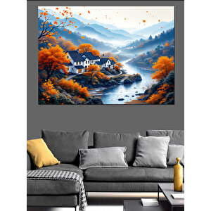 Sonbaharda Nehir Manzarası Dekoratif Kanvas - Mdf Ahşap Tablo 35x50 cm