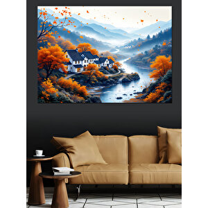 Sonbaharda Nehir Manzarası Dekoratif Kanvas - Mdf Ahşap Tablo 35x50 cm