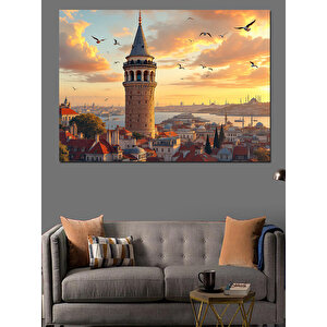Galata Kulesi Ve Gün Batımı Dekoratif Kanvas - Mdf Ahşap Tablo 25x35 cm