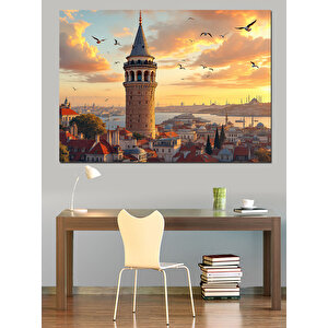 Galata Kulesi Ve Gün Batımı Dekoratif Kanvas - Mdf Ahşap Tablo 25x35 cm