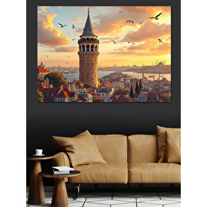 Galata Kulesi Ve Gün Batımı Dekoratif Kanvas - Mdf Ahşap Tablo