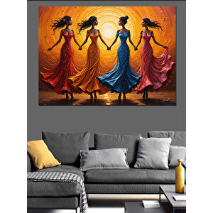Renkli Elbiseli Dans Eden Kadınlar Dekoratif Kanvas - Mdf Ahşap Tablo 70x100 cm