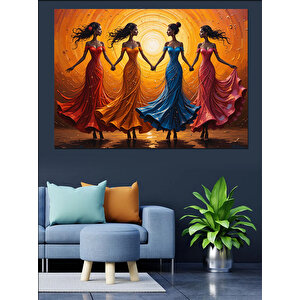 Renkli Elbiseli Dans Eden Kadınlar Dekoratif Kanvas - Mdf Ahşap Tablo 70x100 cm