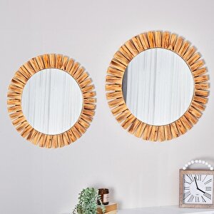 Dfn Wood Naturel İkili 70,60 Cm Ahşap Yuvarlak Dekoratif Duvar Salon Konsol Banyo Aynası 70x70 cm