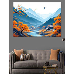 Sonbaharda Dağ Manzarası Nehir Dekoratif Kanvas - Mdf Ahşap Tablo 70x100 cm