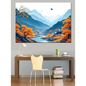 Sonbaharda Dağ Manzarası Nehir Dekoratif Kanvas - Mdf Ahşap Tablo 70x100 cm