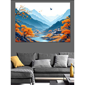 Sonbaharda Dağ Manzarası Nehir Dekoratif Kanvas - Mdf Ahşap Tablo 70x100 cm