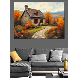 Sonbaharda Kır Evi Yolu Dekoratif Kanvas - Mdf Ahşap Tablo 100x140 cm