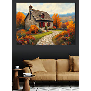 Sonbaharda Kır Evi Yolu Dekoratif Kanvas - Mdf Ahşap Tablo 100x140 cm