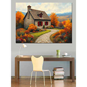 Sonbaharda Kır Evi Yolu Dekoratif Kanvas - Mdf Ahşap Tablo 25x35 cm